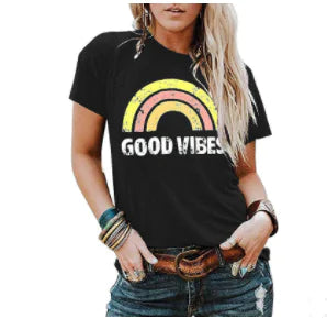 Women's Rainbow Good Vibes Print Short Sleeve T-Shirt