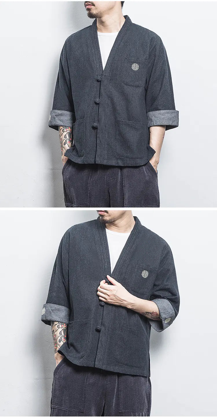 Chinese Style Men's Hanfu Open Front Denim Jacket