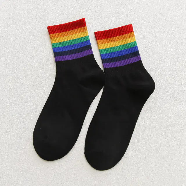 Unisex Colorful Stripes Mid Socks - Kawaii Rainbow (1 Pair)