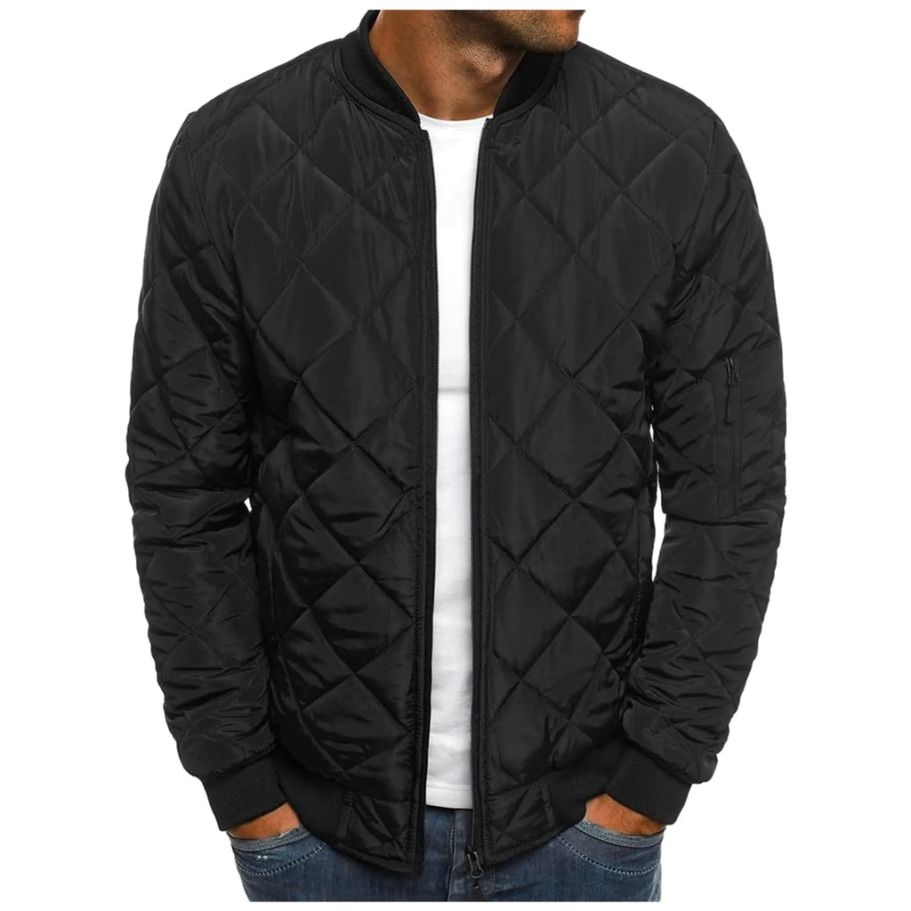Bomber Jackets for Men Diamond Quilted Puffer Down Jacket Full Zip Lightweight Varsity Padded Coat Winter Warm Outwear Black