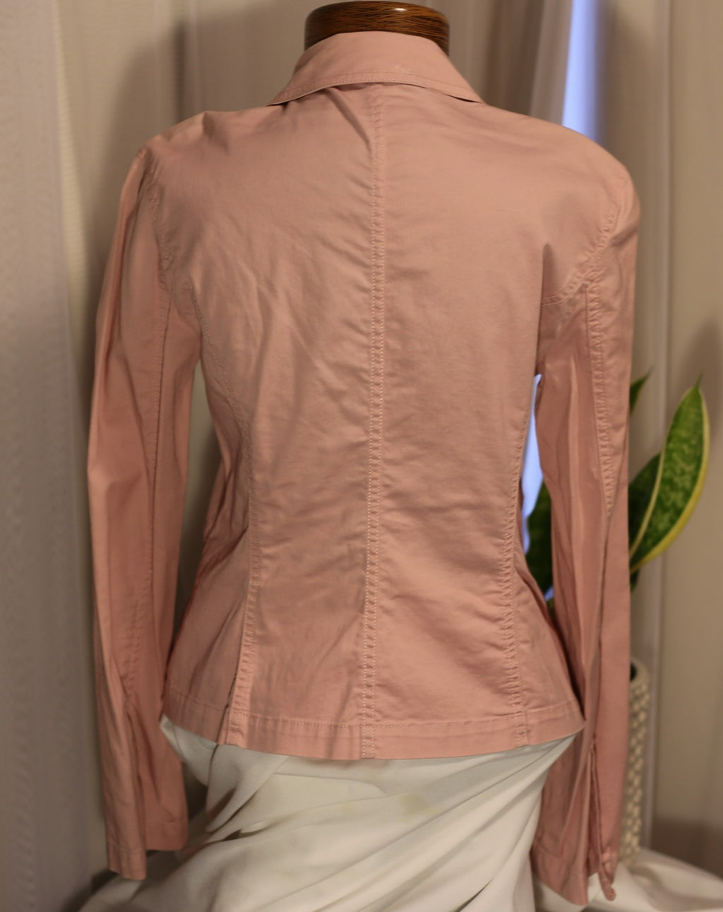 Vintage Spiegel Blazer Jacket Women Pink Cotton Stretch Ruffle Notch Collar
