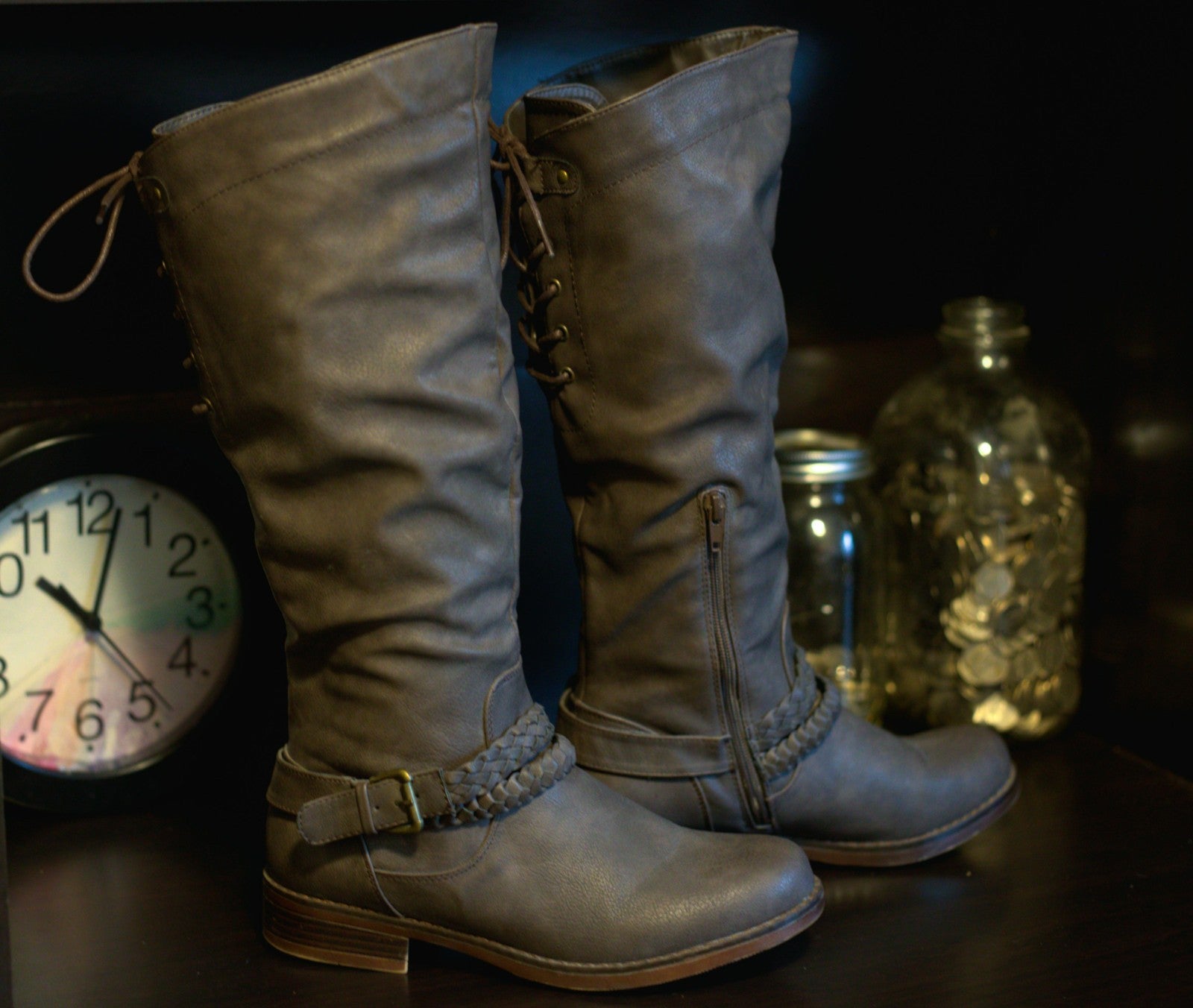 Xoxo Boots Womens 7.5 M Mannie Tall Riding Gray Faux Leather Zipper Buckle