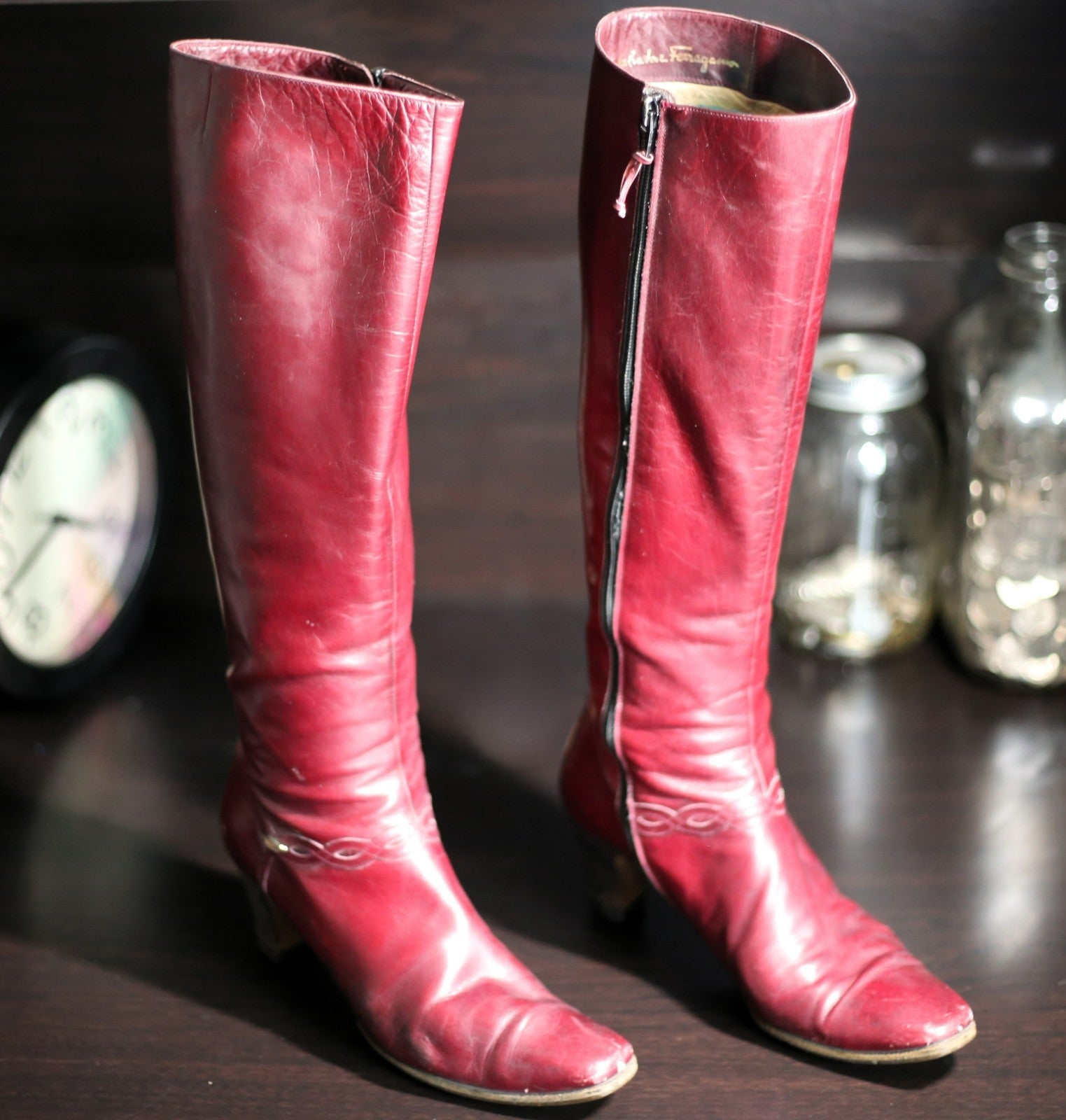 Vintage Salvatore Ferragamo Carla Chestnut Leather Tall Boots Size 7.5 AA