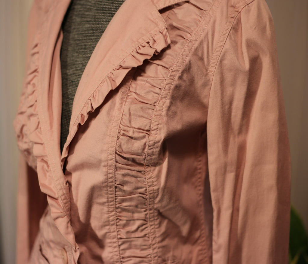 Vintage Spiegel Blazer Jacket Women Pink Cotton Stretch Ruffle Notch Collar