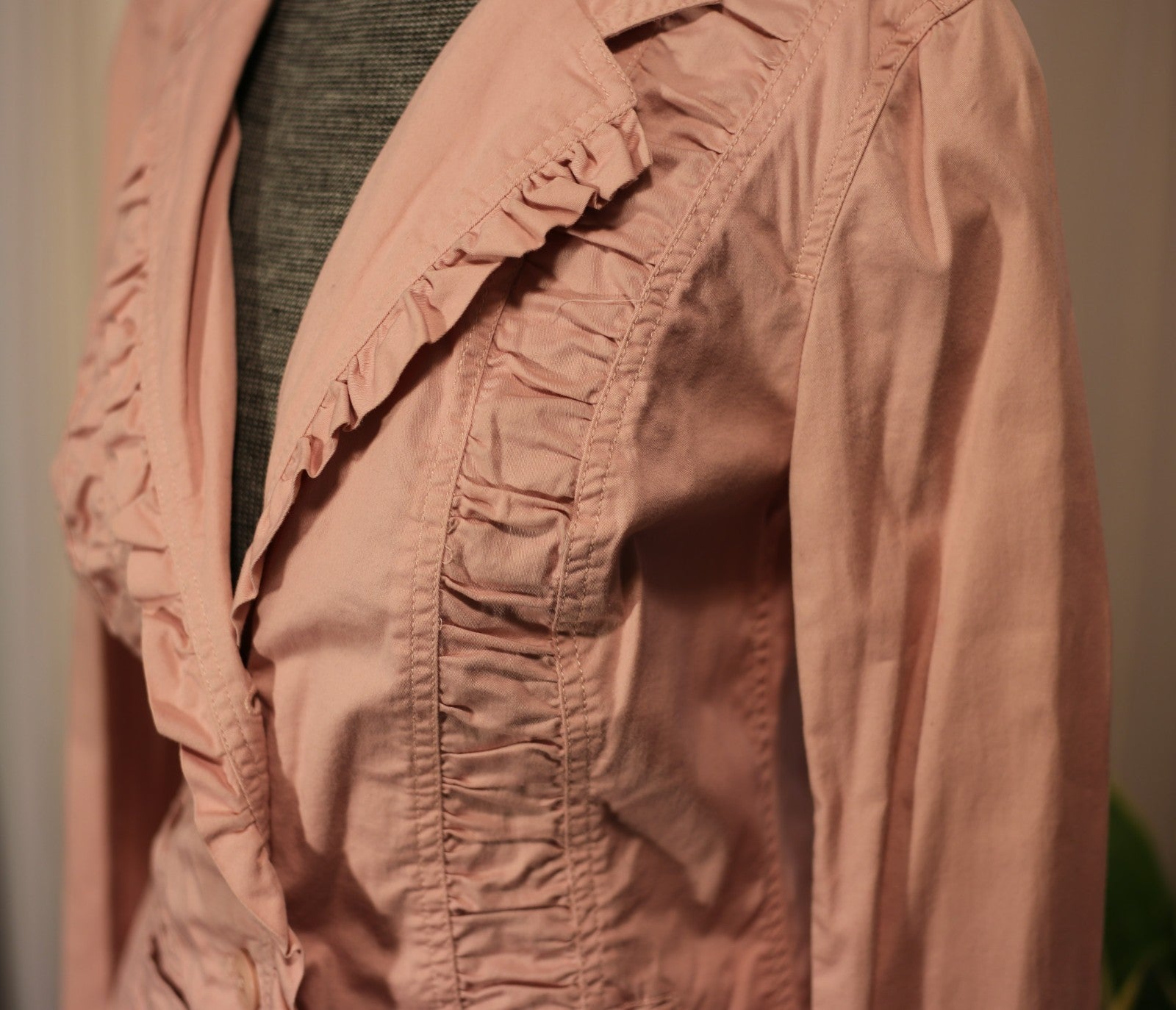 Vintage Spiegel Blazer Jacket Women Pink Cotton Stretch Ruffle Notch Collar