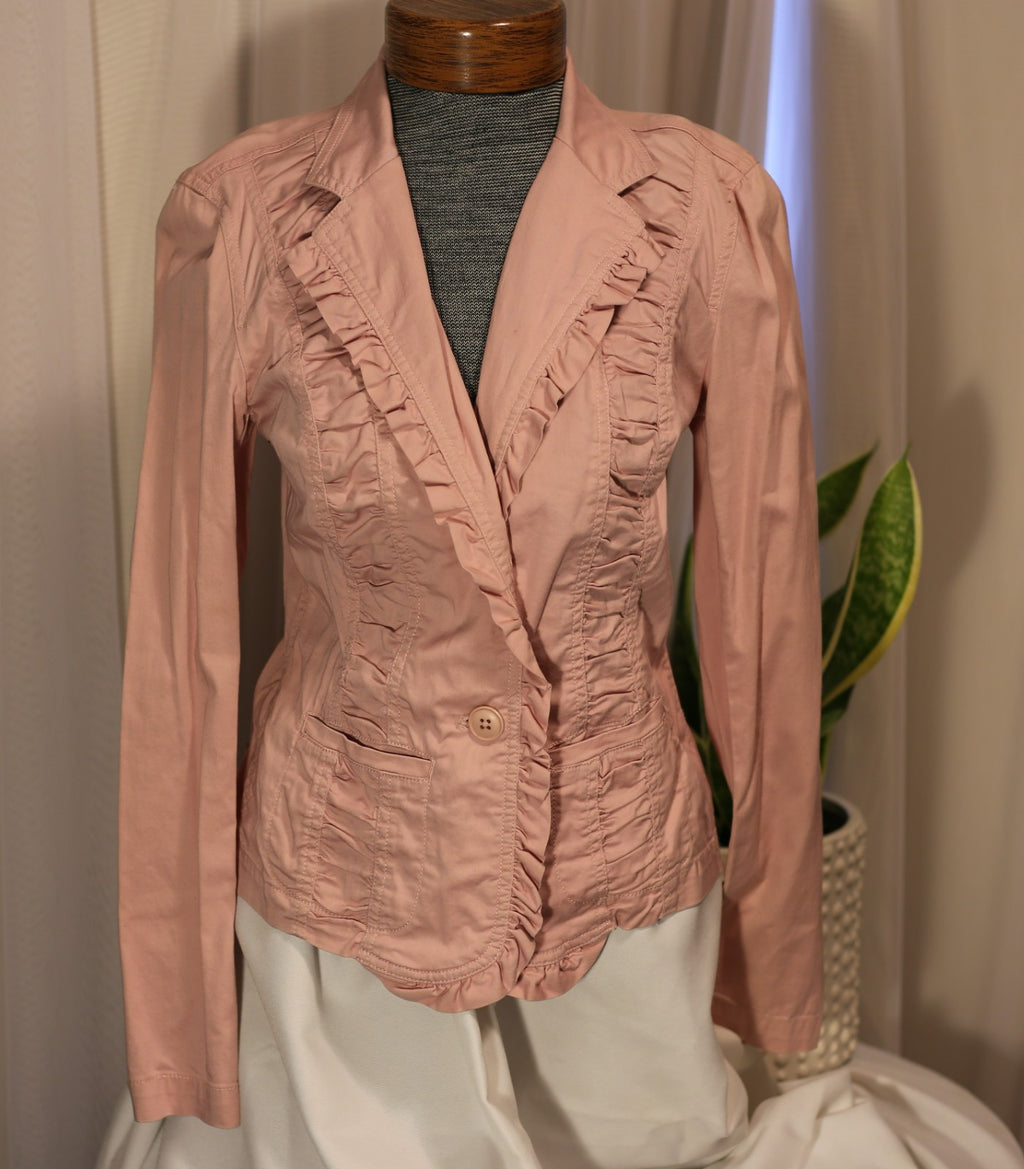Vintage Spiegel Blazer Jacket Women Pink Cotton Stretch Ruffle Notch Collar