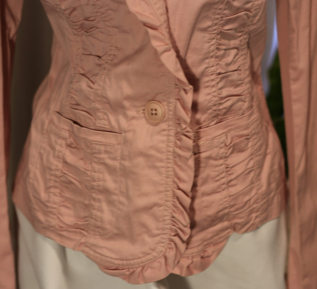 Vintage Spiegel Blazer Jacket Women Pink Cotton Stretch Ruffle Notch Collar