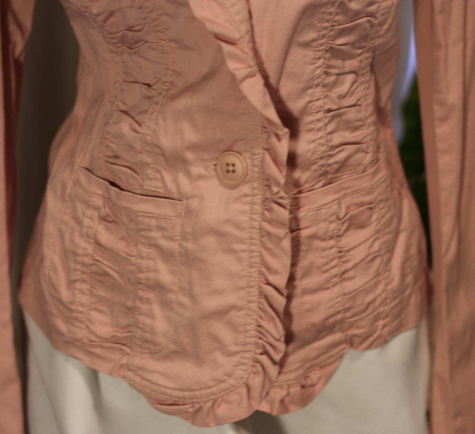 Vintage Spiegel Blazer Jacket Women Pink Cotton Stretch Ruffle Notch Collar