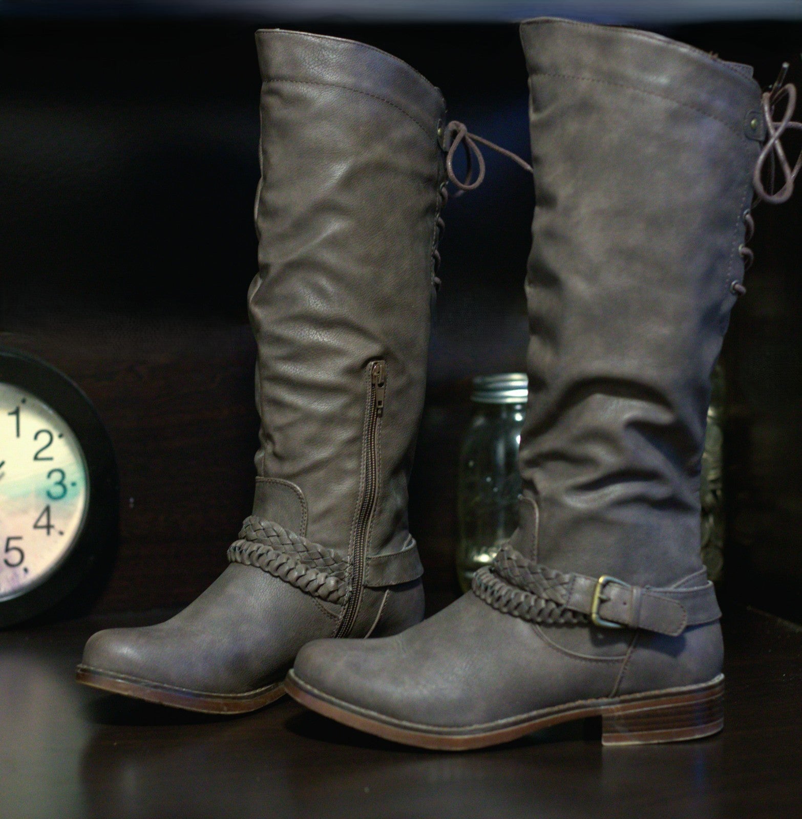 Xoxo Boots Womens 7.5 M Mannie Tall Riding Gray Faux Leather Zipper Buckle