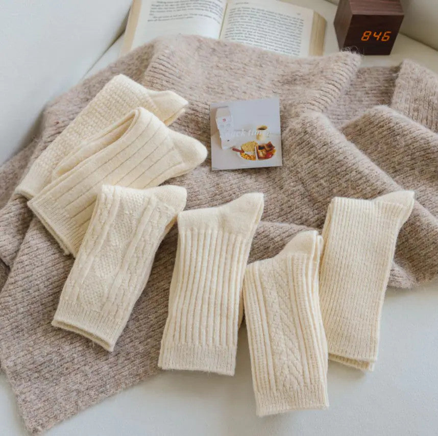 Thick Warm White Wool Mid-Calf Socks for Women