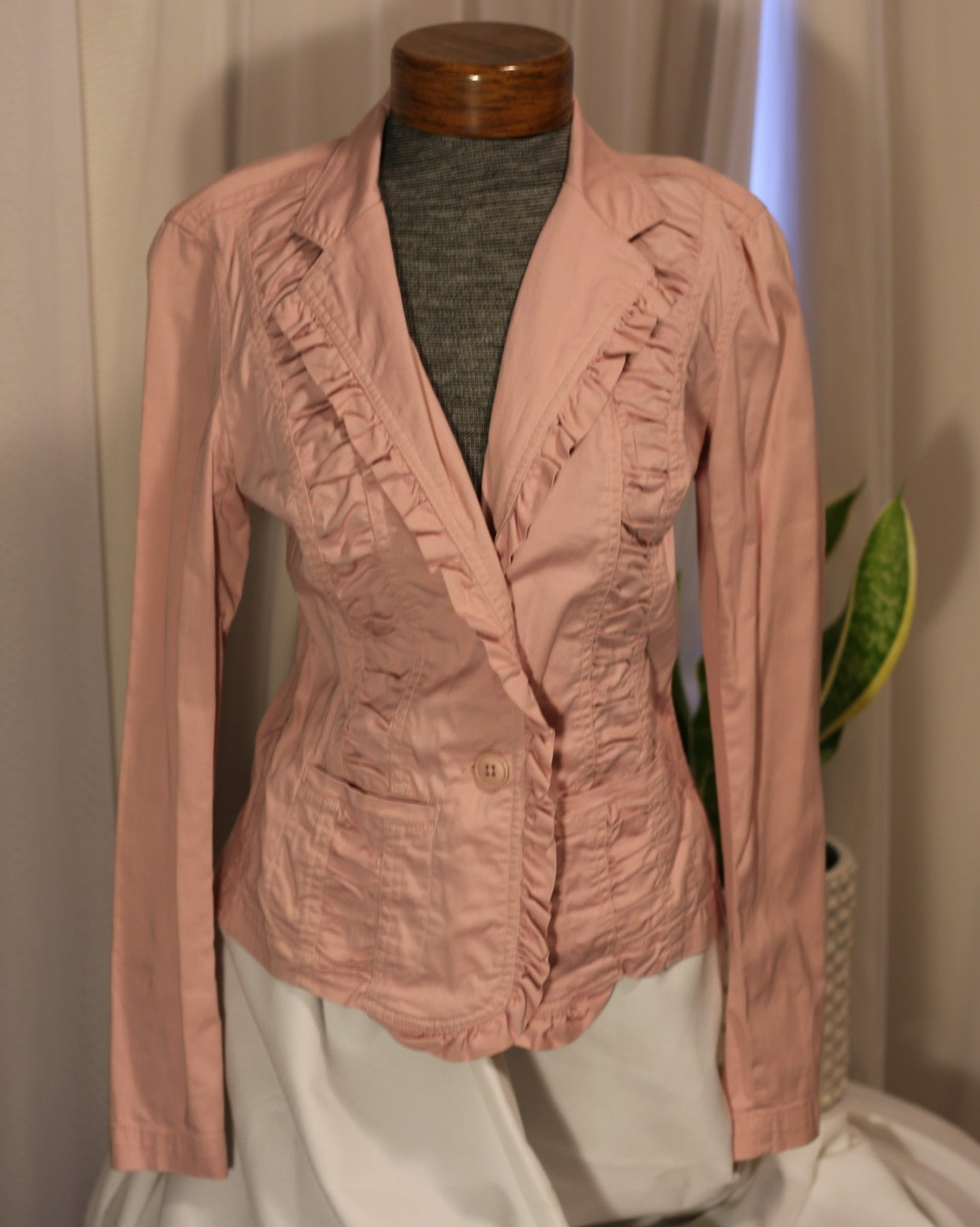 Vintage Spiegel Blazer Jacket Women Pink Cotton Stretch Ruffle Notch Collar