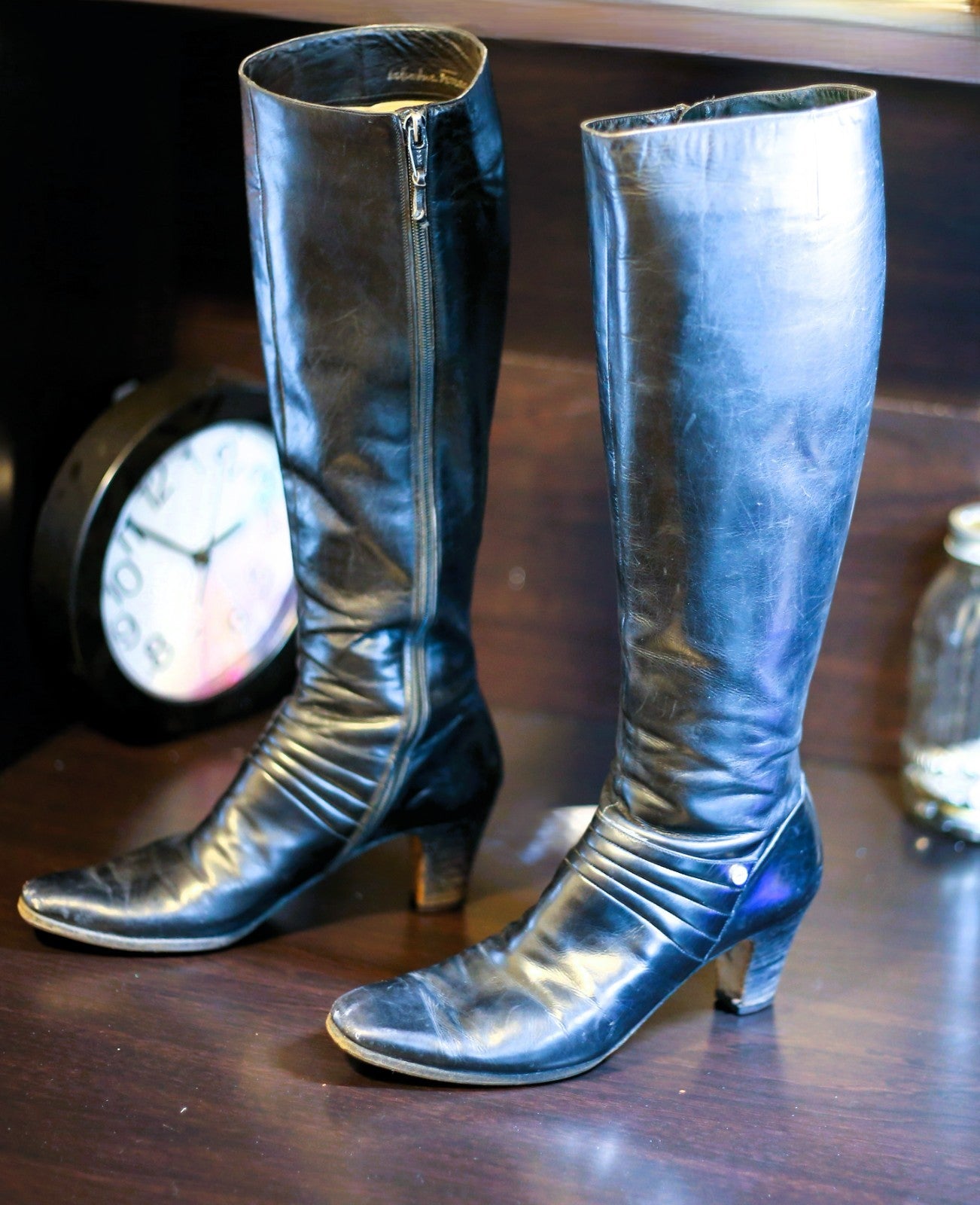 Vintage Salvatore Ferragamo Carla Black Leather Tall Boots Women's