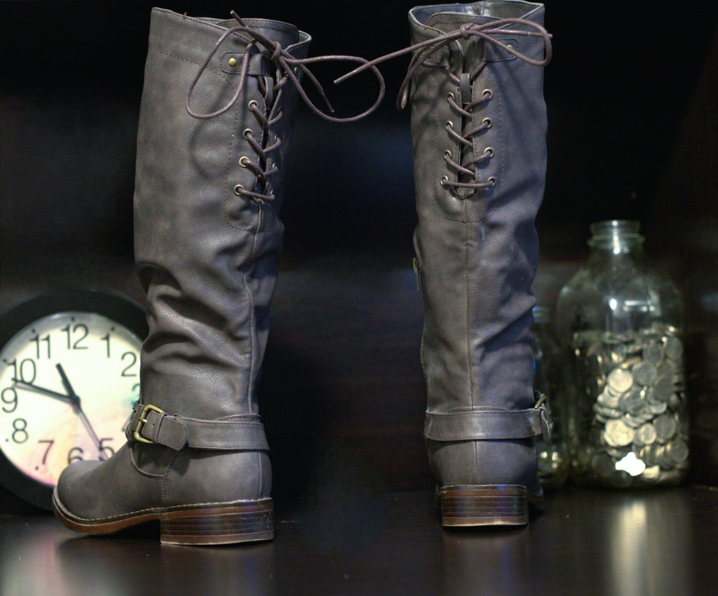 Xoxo Boots Womens 7.5 M Mannie Tall Riding Gray Faux Leather Zipper Buckle