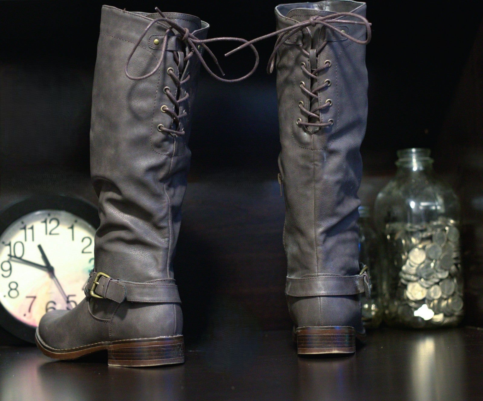 Xoxo Boots Womens 7.5 M Mannie Tall Riding Gray Faux Leather Zipper Buckle