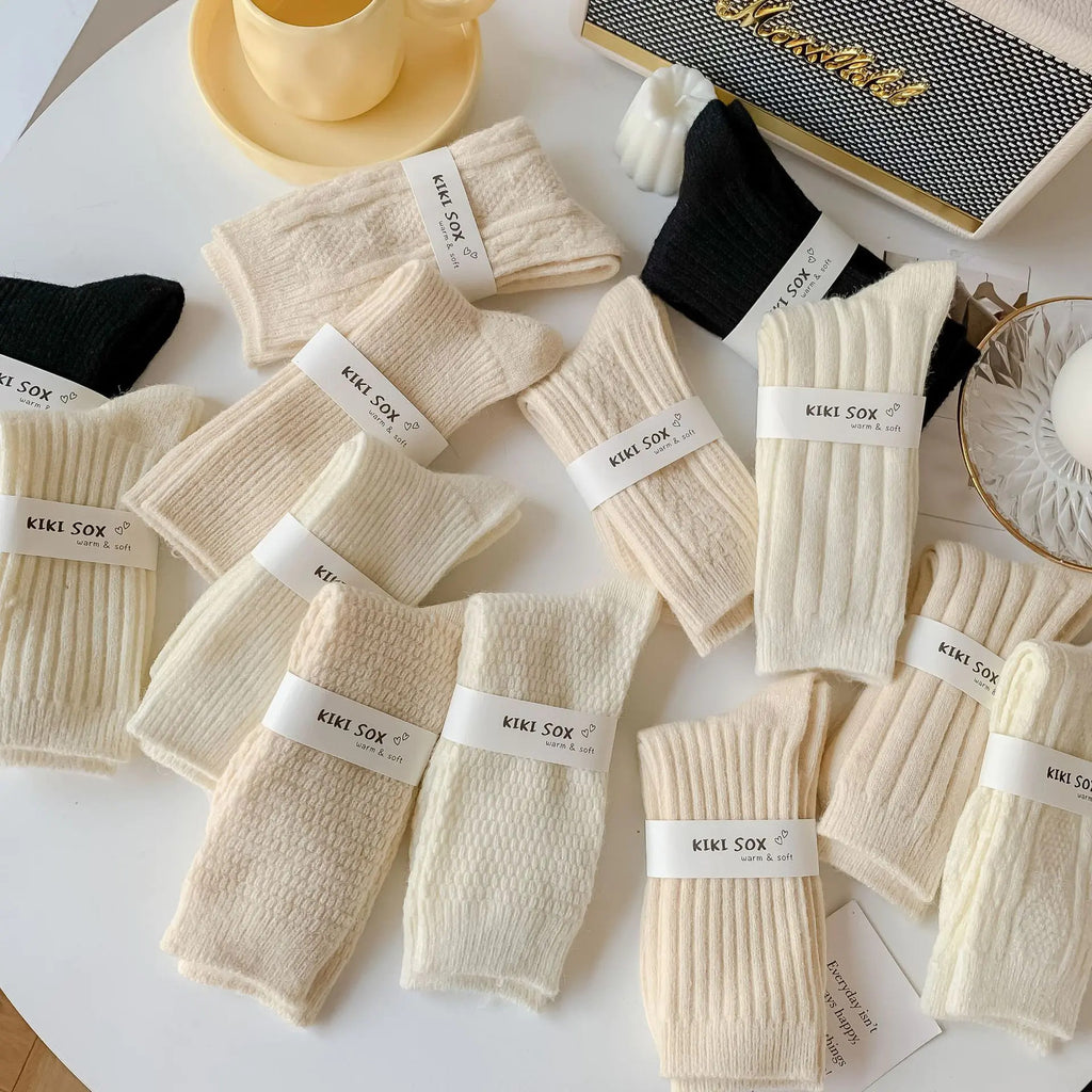 Thick Warm White Wool Mid-Calf Socks for Women