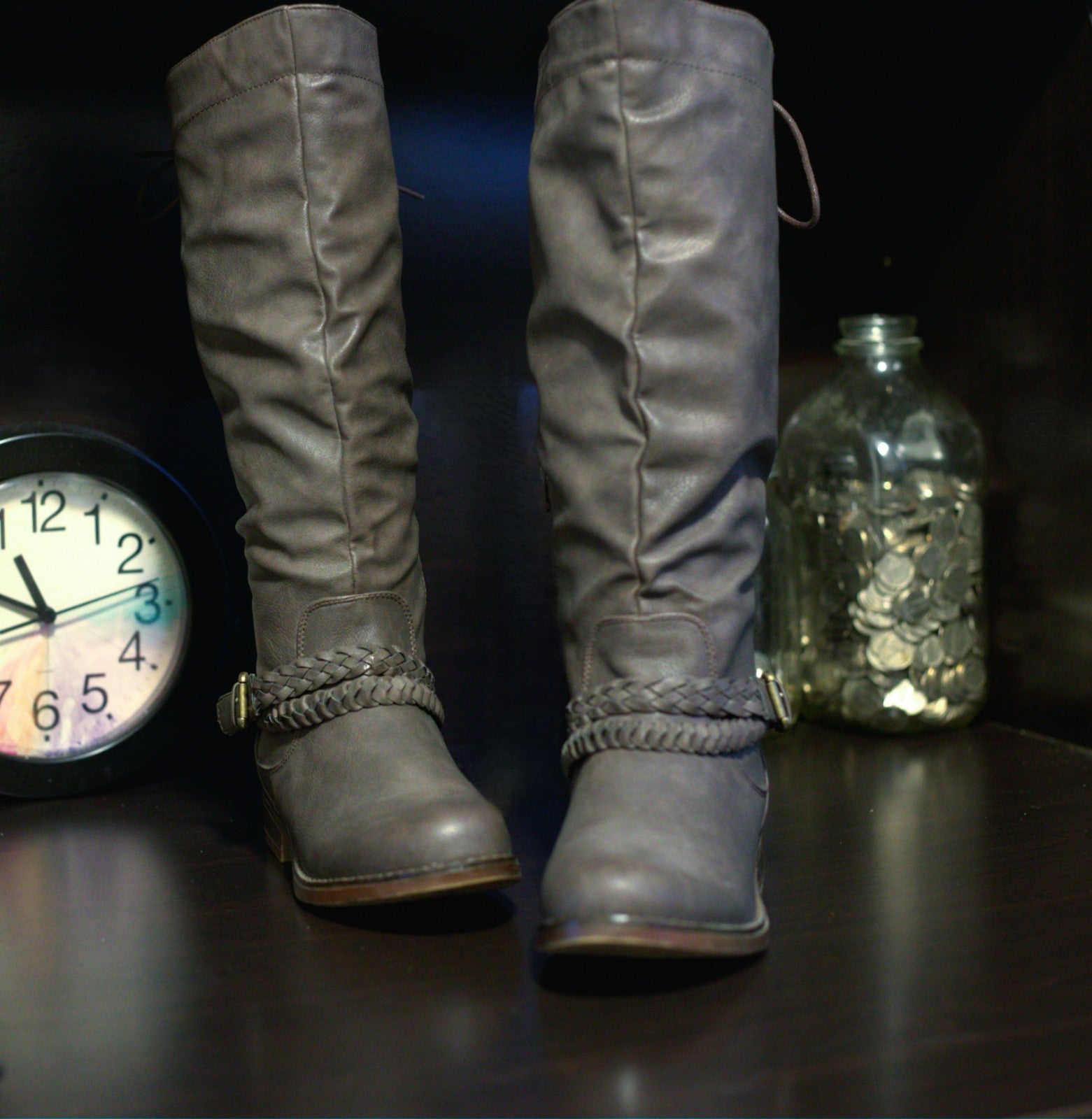 Xoxo Boots Womens 7.5 M Mannie Tall Riding Gray Faux Leather Zipper Buckle