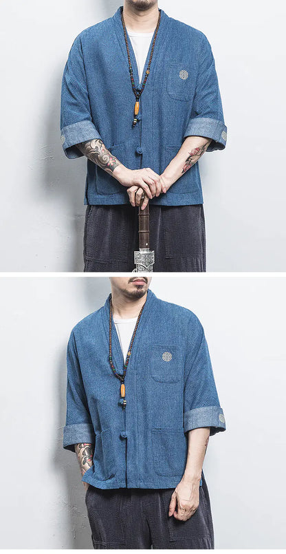 Chinese Style Men's Hanfu Open Front Denim Jacket
