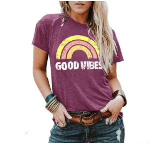 Women's Rainbow Good Vibes Print Short Sleeve T-Shirt