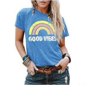 Women's Rainbow Good Vibes Print Short Sleeve T-Shirt