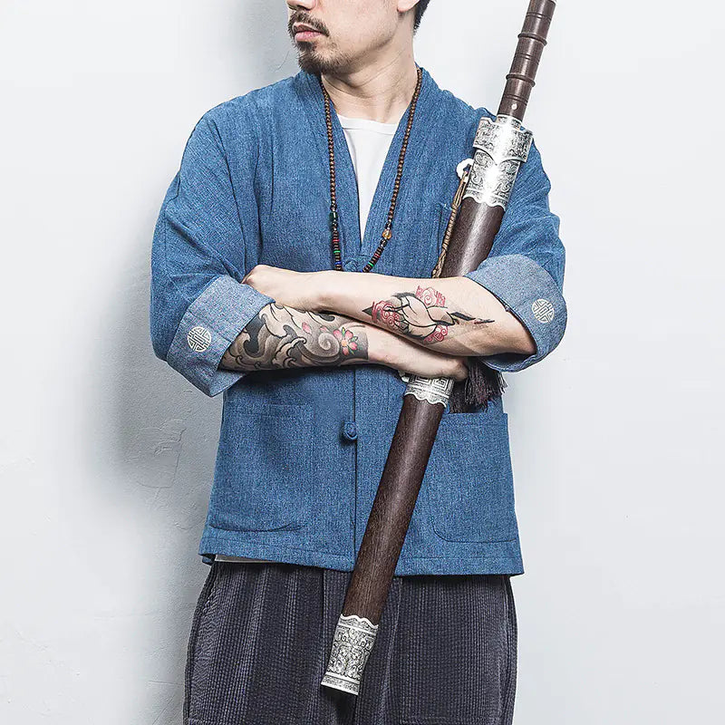 Chinese Style Men's Hanfu Open Front Denim Jacket