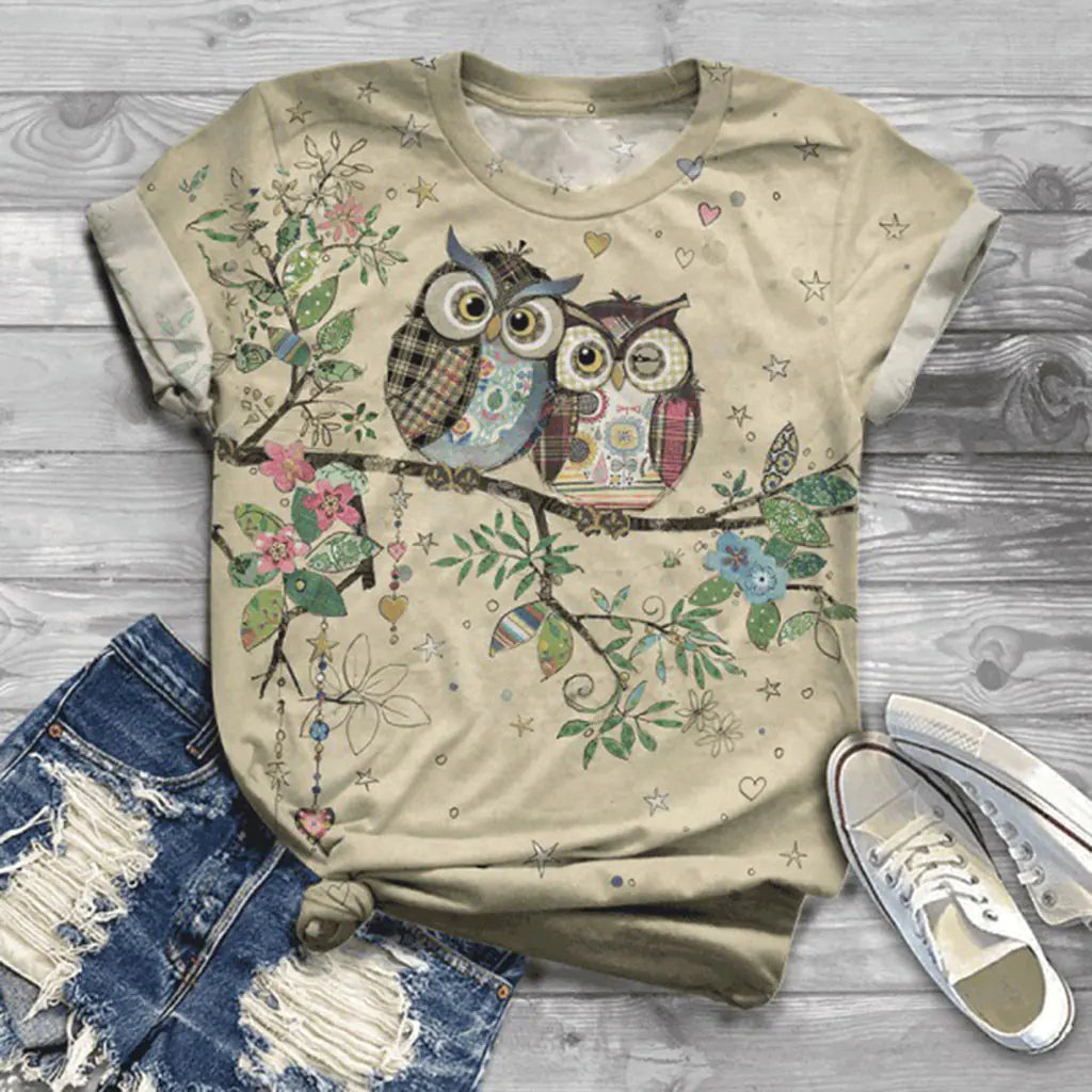 Women's Short Sleeve Owl Print T-Shirt