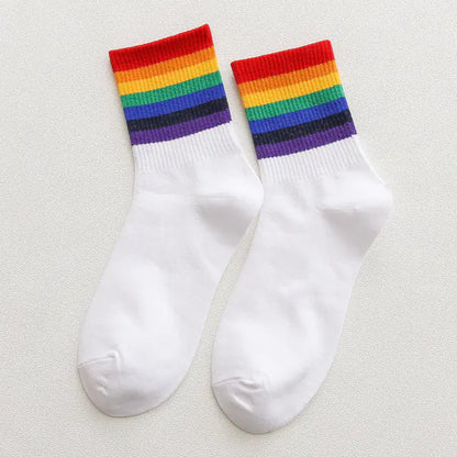 Unisex Colorful Stripes Mid Socks - Kawaii Rainbow (1 Pair)