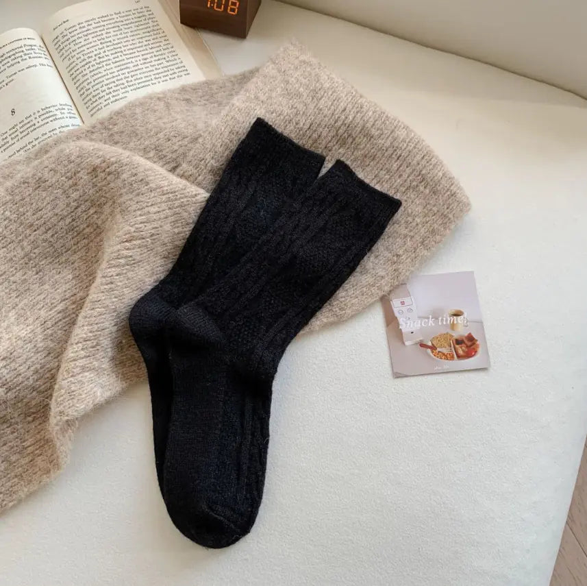 Thick Warm White Wool Mid-Calf Socks for Women
