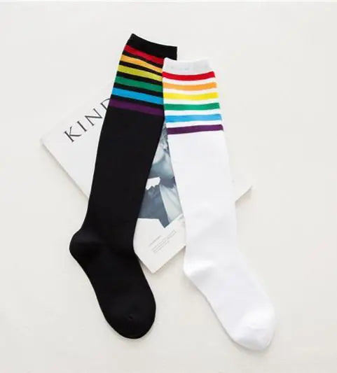 Colorful Rainbow Mid-Calf Cotton Socks for Slim Legs