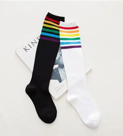 Colorful Rainbow Mid-Calf Cotton Socks for Slim Legs