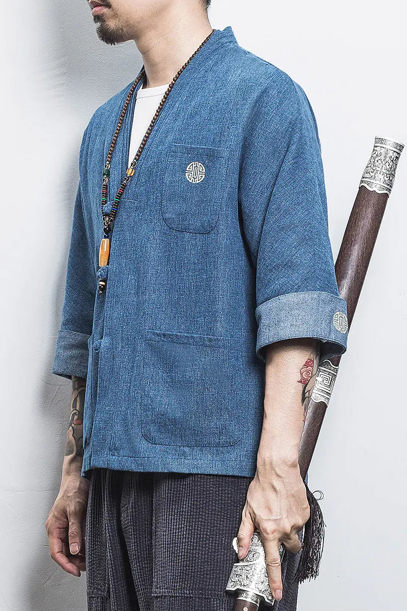 Chinese Style Men's Hanfu Open Front Denim Jacket