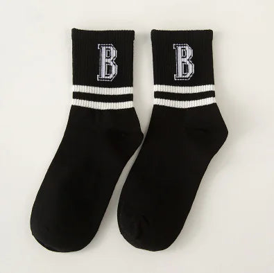 Cotton Mid-Calf Socks with Stripes and Letters