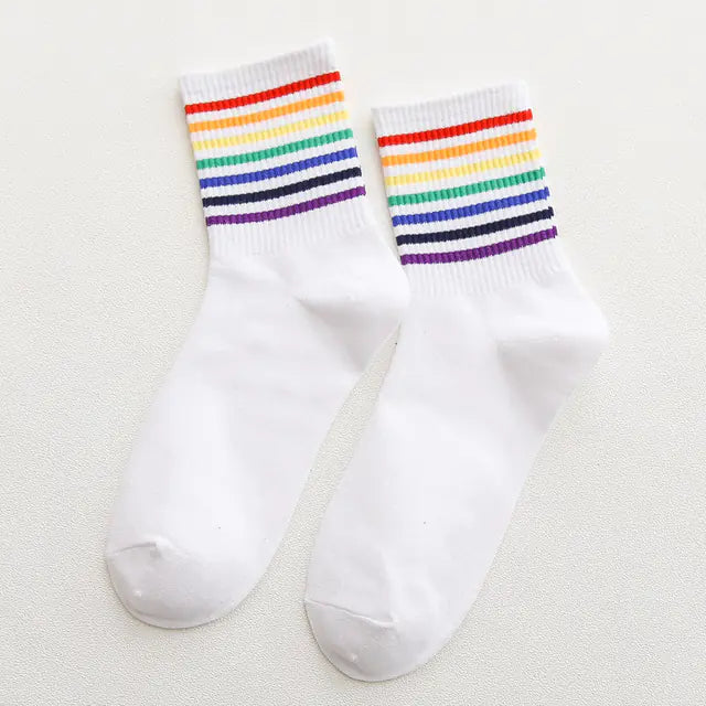 Unisex Colorful Stripes Mid Socks - Kawaii Rainbow (1 Pair)