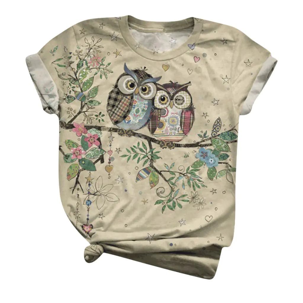 Women's Short Sleeve Owl Print T-Shirt