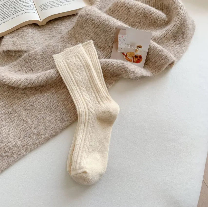 Thick Warm White Wool Mid-Calf Socks for Women
