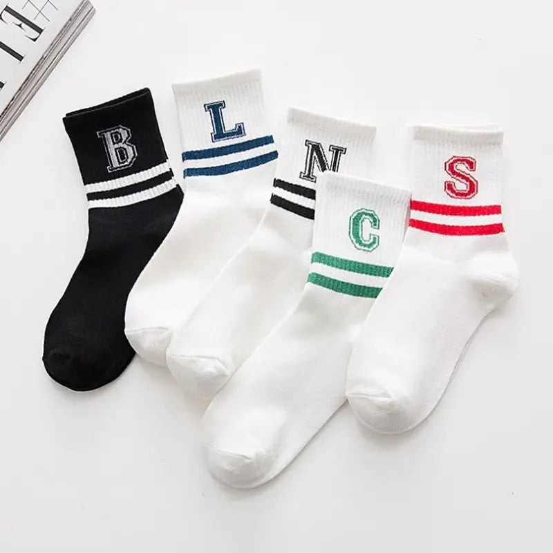 Cotton Mid-Calf Socks with Stripes and Letters