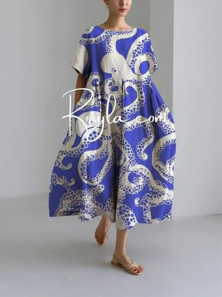 Chrysanthemum Print Women's Casual Short Sleeve Dress