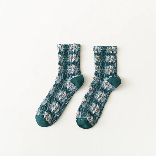 Retro Forest Green Women's Literary Medium Tube Socks