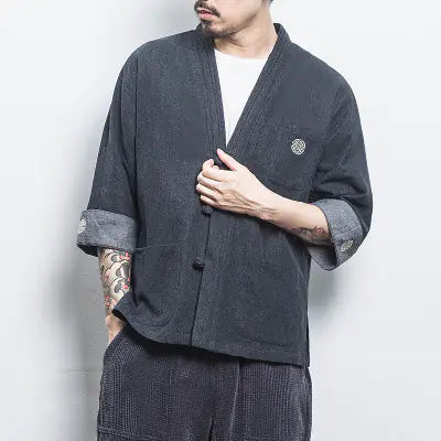 Chinese Style Men's Hanfu Open Front Denim Jacket