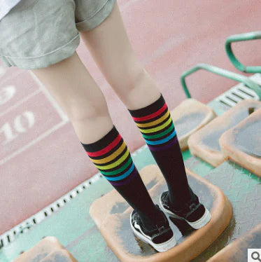 Colorful Rainbow Mid-Calf Cotton Socks for Slim Legs