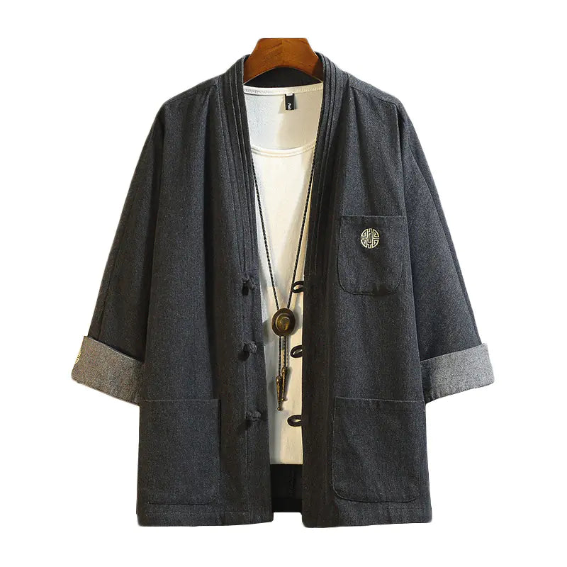 Chinese Style Men's Hanfu Open Front Denim Jacket