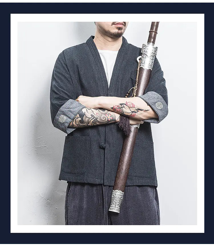 Chinese Style Men's Hanfu Open Front Denim Jacket