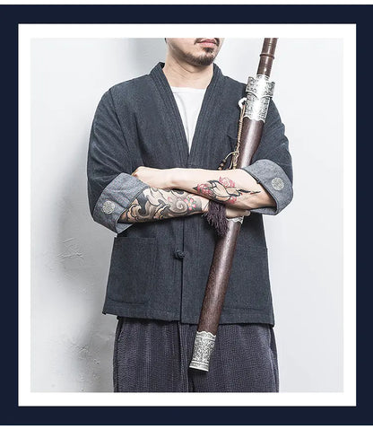 Chinese Style Men's Hanfu Open Front Denim Jacket