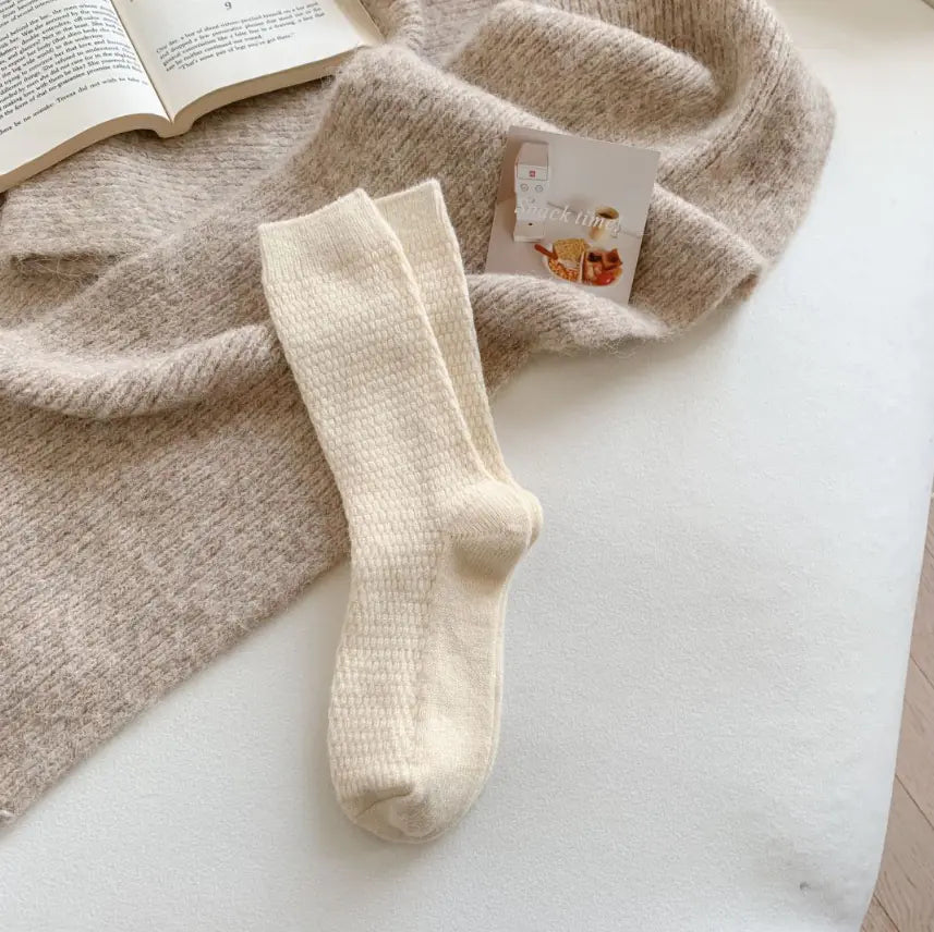 Thick Warm White Wool Mid-Calf Socks for Women