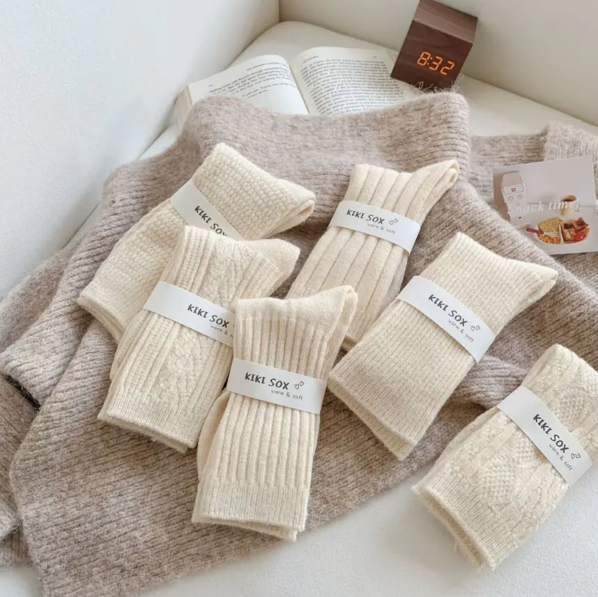 Thick Warm White Wool Mid-Calf Socks for Women