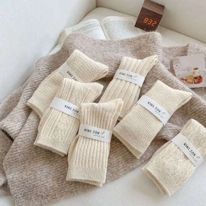 Thick Warm White Wool Mid-Calf Socks for Women