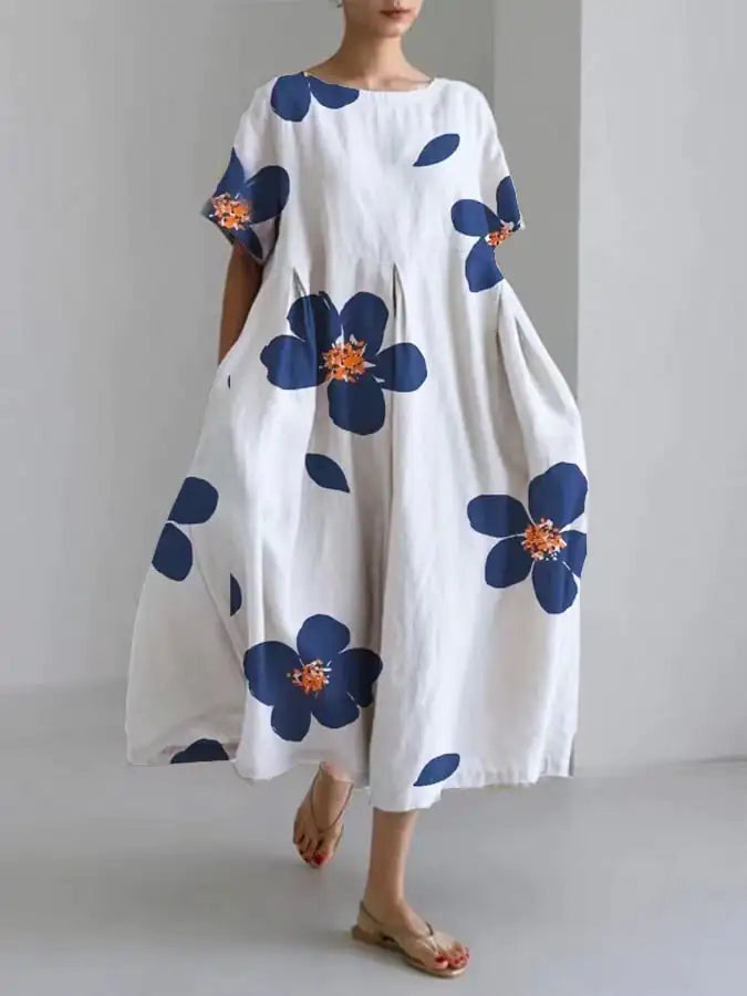 Chrysanthemum Print Women's Casual Short Sleeve Dress