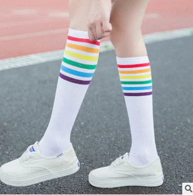 Colorful Rainbow Mid-Calf Cotton Socks for Slim Legs