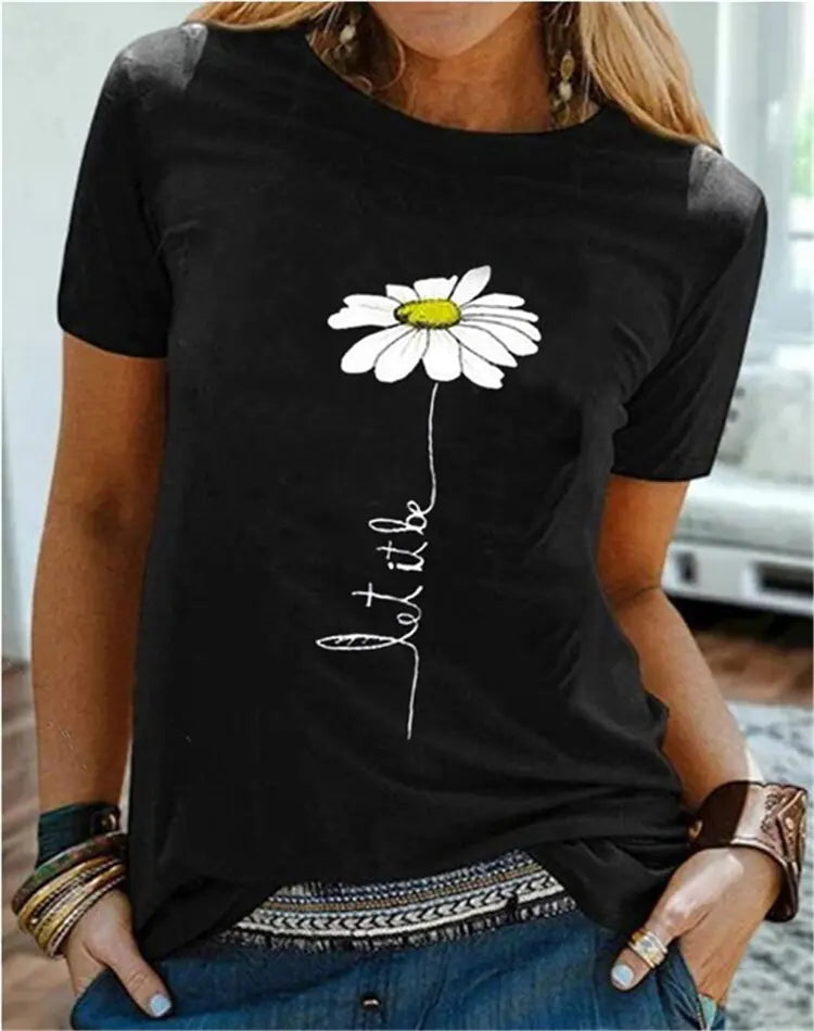 Women's Casual Daisy Print Short Sleeve T-Shirt
