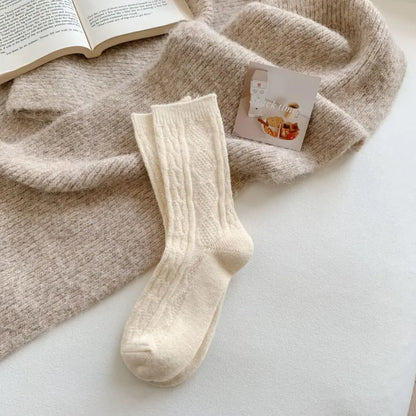 Thick Warm White Wool Mid-Calf Socks for Women