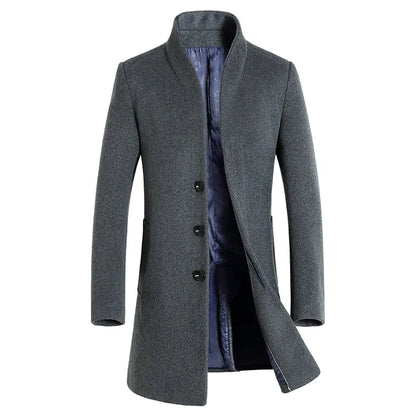 Men's Mid-Length Casual Woolen Stand-Collar Coat